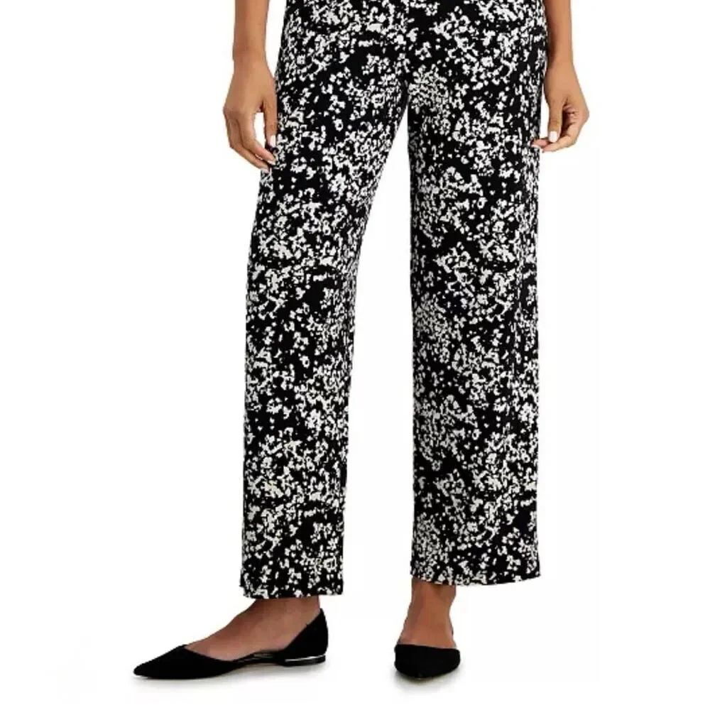 JM Collection Abstract Floral Straight Wide Leg Pants Black White Petite Small